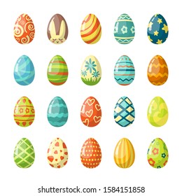 Colorful painted easter eggs flat illustrations set. Traditional religious holiday celebration. Orthodox easter food collection. Decorated chicken eggs isolated on white background