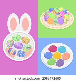 Colorful painted Easter eggs on plates. Happy Easter spring holiday design elements, top view flat style vector illustration.