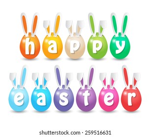colorful painted Easter eggs taped with paper rabbit ears and letters. vector.