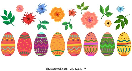 Colorful painted Easter vector elements flowers twigs and Easter eggs