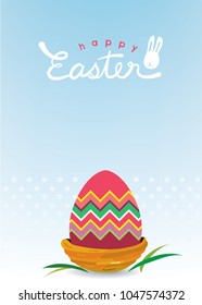 Colorful painted egg in a nest on the gradient light blue and polka dots background with hand written font "Easter" and a cute bunny. Lots of blank space for text copy in the postcard size.  