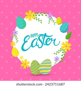 Colorful Painted Eggs and Flowers Decorate Circular Frame on Pink Dotted Background for Happy Easter Celebration Concept