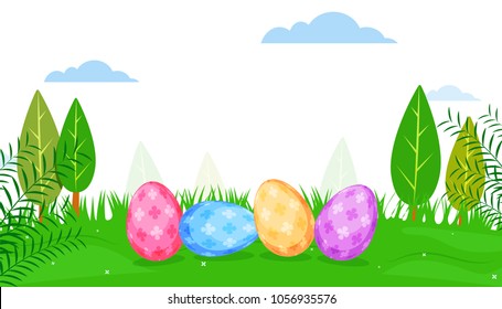 Colorful painted eggs, on nature background. 