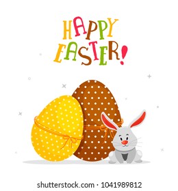 Colorful painted eggs with Rabbit on white background. Happy Easter Concept.