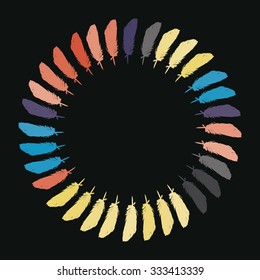 Colorful painted feathers folded into a circle vector. 