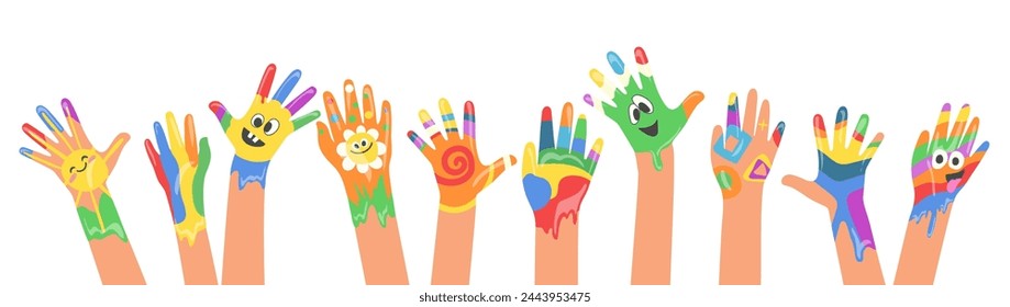 Colorful painted kids hands with creative ornaments and rainbow patterns on palms and fingers