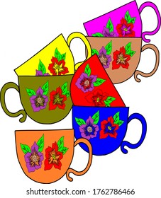 Colorful painted mugs with flowers.