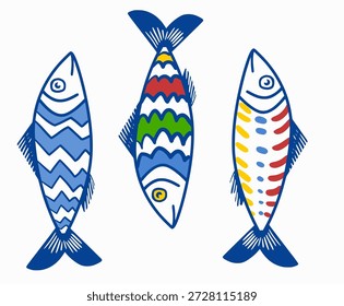 Colorful Painted Sardines with Unique Patterns in Tattoo Art Style