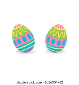 Colorful painted traditional easter eggs, vector graphic illustration. Set of two 3D easter egg objects with shadow, isolated.