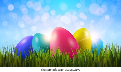 Huevos De Pascua De Pintor Colorido En Grasa Verde Sobre Boker Azul Borrosa Ilustración Del Vector De Fondo Del Cielo