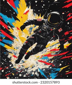 Colorful Painting of an Astronaut Lost in Space. Psychedelic Space Odyssey