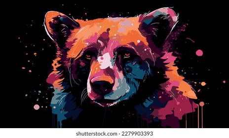 Colorful painting of bear. Vector graphic art of multicolored grizzly. Artwork poster of wildlife. Modern portrait decoration. Graffiti style  print with paint splatter. Rainbow color cartoon sketch svg