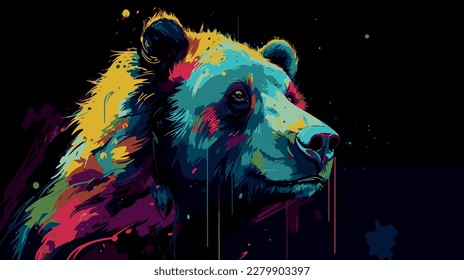 Colorful painting of bear. Vector graphic art of multicolored grizzly. Artwork poster of wildlife. Modern portrait decoration. Graffiti style  print with paint splatter. Rainbow color cartoon sketch svg