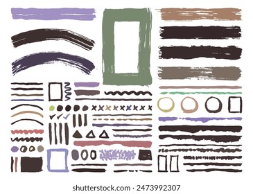 Colorful painting brushes element bundle. Grunge brushes design template set. Hand drawn shapes layout. Straight and wavy lines, square, circle, and triangle forms.