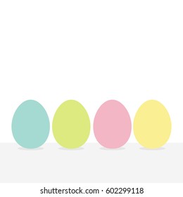 Colorful painting Easter egg set. Row of painted eggs shell. Light color. White background. Isolated. Flat design. Pastel color background. Vector illustration