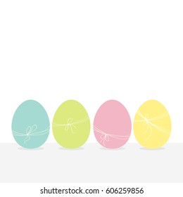 Colorful painting Easter egg set. Row of painted eggs shell with thread and bow. Light color. White background. Isolated. Flat design. Vector illustration