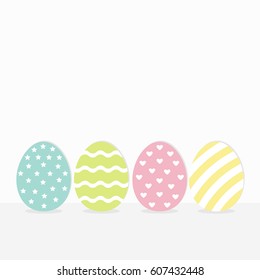 Colorful painting Easter egg set. Row of painted eggs shell. Heart, star, dot, line striped shape pattern. Light color. White background. Isolated. Flat design. Vector illustration