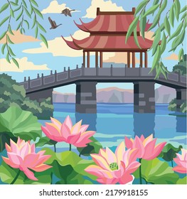 Colorful painting of a Japanese style garden drawn using illustrator.