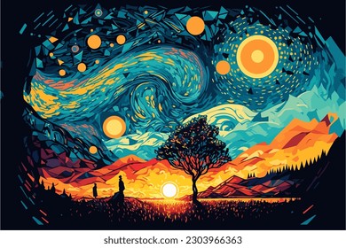 A colorful painting of a landscape with mountains, trees, moon and stars. Vector illustration that parodies Van Gogh's artistic style.