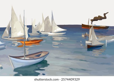 Colorful painting of sailboats on water. Sailboats with white sails, sailboats reflecting on water, and a steamboat in the background. Nautical scene with sailboats. Isolated vector element.