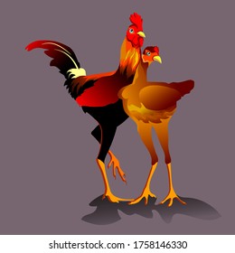 colorful pair of rooster and chicken