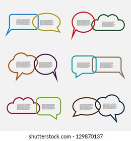 Colorful Paired Speech Bubbles – Vector Dialogue Layout with Placeholder Text in Six Styles. A vector graphic featuring six pairs of overlapping speech bubbles arranged in two rows. Each pair represents a stylized dialogue with placeholder text inside. The bubbles vary in shape, including rectangular, rounded, and cloud-like forms, and are colored in blue, red, orange, green, purple, and brown. This layout is ideal for illustrating conversations, exchanges of ideas, or communication concepts in presentations, infographics, educational materials, or comic-style designs.