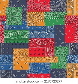 Colorful paisley bandana fabric patchwork abstract vector seamless pattern svg