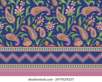 COLORFUL PAISLEY FLORAL SEAMLESS PATTERN WITH BORDER ALL OVER PRINT VECTOR ILLUSTRATION