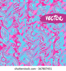 Colorful paisley ornament floral elements on a pink background. Vector primitive paisley patterns seamless. Hand drawn vector floral