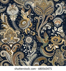 Colorful Paisley pattern. Decorative flowers, ornamental elements and birds on the dark background. Fashion ethnic style