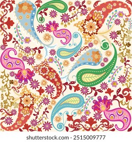 Colorful Paisley Pattern and Floral Pattern with Ornate Details 