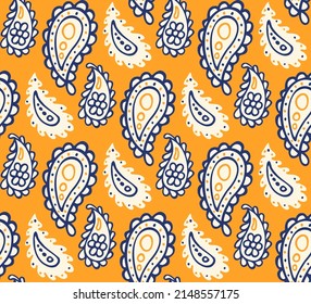 Colorful paisley print. Abstract psychedelic Buta seamless pattern . Traditional Indian boteh ornamental textile design. Hand drawn vector background.