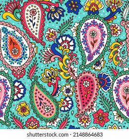 Colorful paisley print. Abstract psychedelic Buta seamless pattern . Traditional Indian boteh ornamental textile design. Hand drawn vector background.