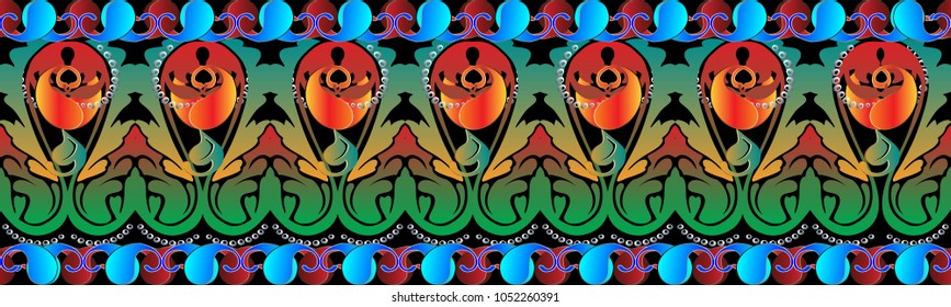Colorful paisley seamless border  pattern. Vector floral ethnic background. Vintage bright pattern with multicolor paisley flowers, scroll leaves and antique ornament in baroque style. Luxury design.
