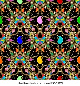 Colorful paisley seamless pattern. Black floral vector background wallpaper illustration with vintage multicolor 3d paisley flowers, swirl leaves and antique oriental beautiful royal rich ornaments. 