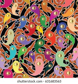 Colorful Paisley seamless pattern. Bright floral background wallpaper illustration with abstract paisley flowers and modern ornaments. Vector paisley texture for prints, fabric, textile, bed linens.