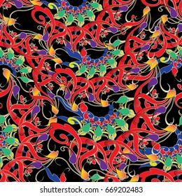 Colorful paisley seamless pattern. Bright floral background wallpaper illustration with vintage decorative multicolor paisley flowers and spiral swirl abstract ornaments. Modern ornamental texture.