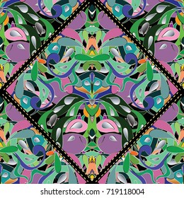 Colorful paisley seamless pattern. Bright floral background wallpaper illustration with vintage hand drawn 3d paisley flowers, dotted line rhombus frames and abstract modern geometric ornaments.