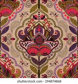 Colorful paisley seamless pattern. Indian floral paisley pattern with stylized flowers. Indian batik. Design for fabric, textile, cover, wallpaper. Indonesian batik. Paisley print hand drawn pattern