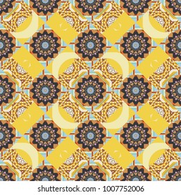Colorful Paisley seamless pattern. Vector illustration. Original decorative oriental backdrop in gray, orange and yellow colors. Mandalas.