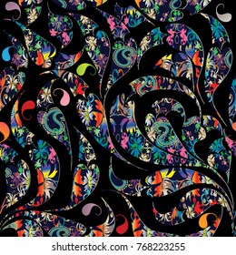 Colorido patrón paisajístico transparente. Fondo floral vectorial colorido con flores, hojas, remolinos, formas, adornos. Diseño étnico ornamentado para tela, papel pintado, textil, estampado. 