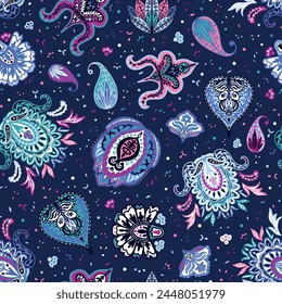 Colorful paisley seamless repeat pattern. Random placed, vector bohemian, ethno aop all over surface print on dark blue background.