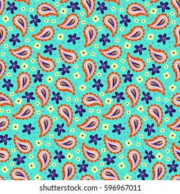 Colorful paisley vector seamless pattern. Bold bohemian print with ethnic Indian, Turkish, Arabic, Moroccan, Marrakesh motif. Bright vintage background for retro boho chic textile design and fashion