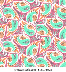 Colorful paisley vector seamless pattern. Bold bohemian print with ethnic Indian, Turkish, Arabic, Moroccan, Marrakesh motif. Bright vintage background for retro boho chic textile design and fashion