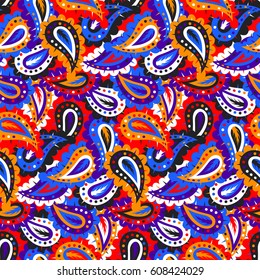 Colorful paisley vector seamless pattern. Bold bohemian print with ethnic Indian, Turkish, Arabic, Moroccan motif. Bright vintage background in retro boho chic style
