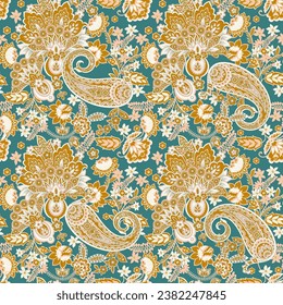 Colorful Paisley wallpaper. Vector Indonesian batik. Bright classic indian fabric. Paisley wallpaper. Ethnic background with paisley and stylized flowers. For textile, cover, wrapping paper, fabric