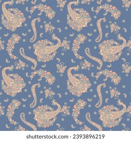 Colorful Paisley wallpaper. Vector Indonesian batik. Bright classic indian fabric. Paisley wallpaper. Ethnic background with paisley and stylized flowers. For textile, cover, wrapping paper, fabric