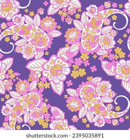 Colorful Paisley wallpaper. Vector Indonesian batik. Bright classic indian fabric. Paisley wallpaper. Ethnic background with paisley and stylized flowers. For textile, cover, wrapping paper, fabric