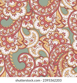 Colorful Paisley wallpaper. Vector Indonesian batik. Bright classic indian fabric. Paisley wallpaper. Ethnic background with paisley and stylized flowers. For textile, cover, wrapping paper, fabric