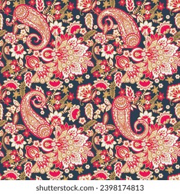 Colorful Paisley wallpaper. Vector Indonesian batik. Bright classic indian fabric. Paisley wallpaper. Ethnic background with paisley and stylized flowers. For textile, cover, wrapping paper, fabric